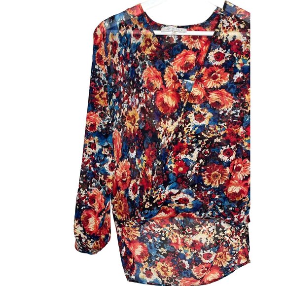 WAYF Sheer Floral Blouse XS Orange Blue Long Sleeve Boho Office Top - Picture 2 of 12